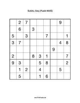 Sudoku - Easy A452 Printable Puzzle