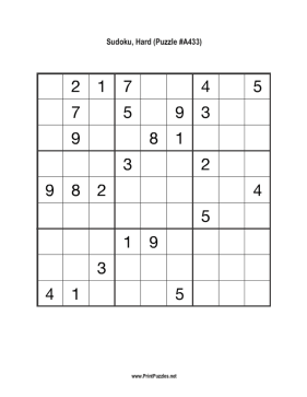 Sudoku - Hard A433 Printable Puzzle