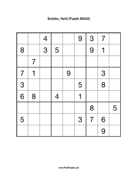 Sudoku - Hard A442 Printable Puzzle