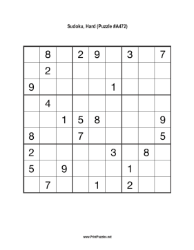 Sudoku - Hard A472 Printable Puzzle