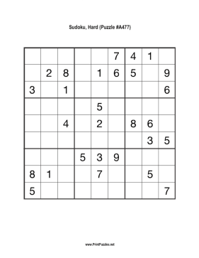 Sudoku - Hard A477 Printable Puzzle