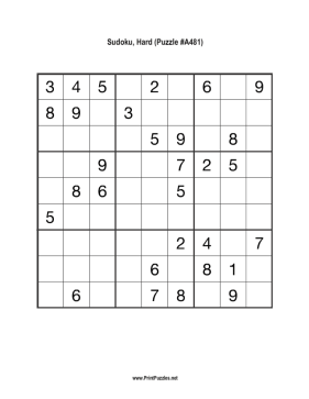 Sudoku - Hard A481 Printable Puzzle