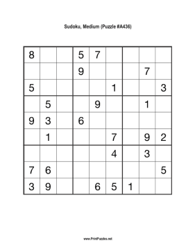 Sudoku - Medium A436 Printable Puzzle