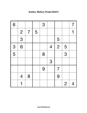 Sudoku - Medium A441 Printable Puzzle