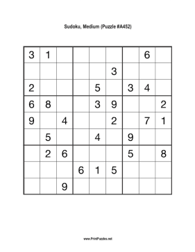 Sudoku - Medium A452 Printable Puzzle