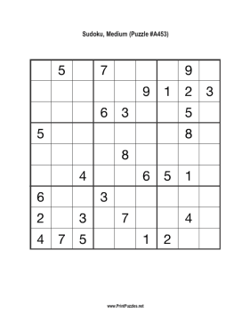 Sudoku - Medium A453 Printable Puzzle