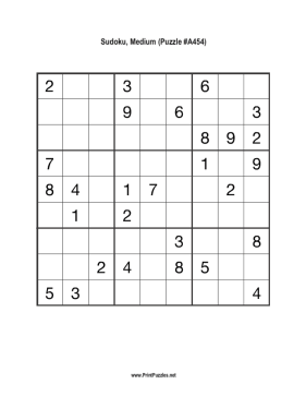 Sudoku - Medium A454 Printable Puzzle