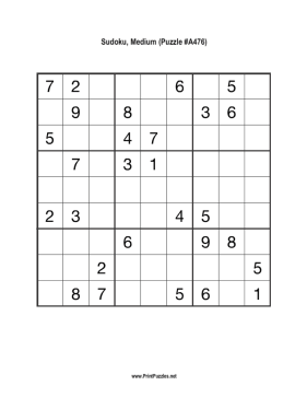 Sudoku - Medium A476 Printable Puzzle