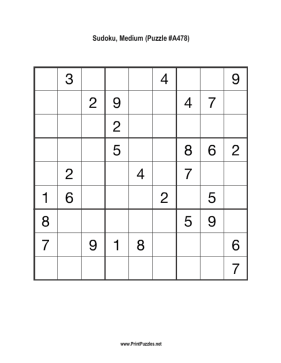 Sudoku - Medium A478 Printable Puzzle