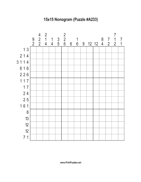 Nonogram - 15x15 - A233 Printable Puzzle