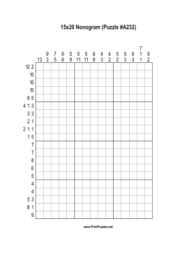 Nonogram - 15x20 - A232 Printable Puzzle