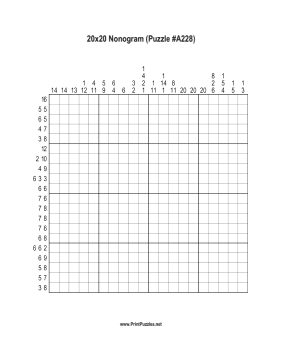 Nonogram - 20x20 - A228 Printable Puzzle