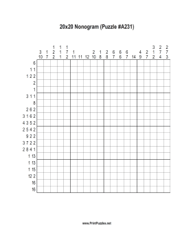 Nonogram - 20x20 - A231 Printable Puzzle