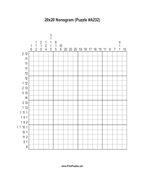 Nonogram - 20x20 - A232 Printable Puzzle