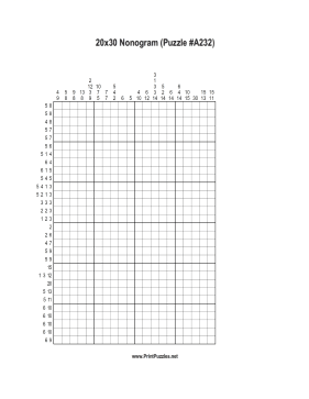 Nonogram - 20x30 - A232 Printable Puzzle